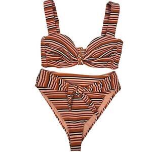 Montce Bikini Set Womens S Multicolor Stripe Hayden Paula Ribbed High Waist Tie